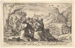 Deus faz uma aliança com Noé: junto a uma pira fumegante Noé ajoelha-se num gesto de p..., 1612.