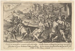A humanidade se rendendo à luxúria antes do Dilúvio: abraçando casais em bancos ao redor de um ta..., 1612.