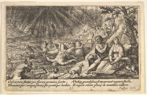 O início do Dilúvio: homens e mulheres sobem a um terreno mais alto à direita, a água ultrapassa..., 1612.