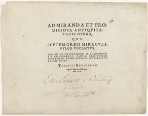 Página de título da série Sete Maravilhas do Mundo
Página de título com texto tipográfico: Admiranda et prodigiosa antiquitatis opera, quae septem orbis miracula vulgo vocantur, 1614 de Crispijn van de Passe (I)