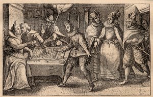 Uma festa de gamão com jogadores de gamão - gravura holandesa em chapa de cobre; de um conjunto de gravuras, Hortus Voluptatem, de Crispin de Passe (1550-1643) - Um casal a jogar gamão surpreendido por cinco homens com máscaras gravadas por Crispin de Pass