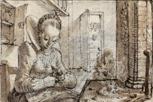 Uma jovem na moda senta-se à mesa da cozinha para as nozes de concha (caneta e tinta castanha com lavagem castanha no papel) de Crispin I de Passe