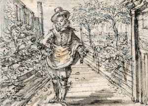 Um passeio juvenil elegantemente vestido em um jardim de rosas da cidade (caneta e tinta marrom com lavagem marrom e cinza sobre papel) de Crispin I de Passe