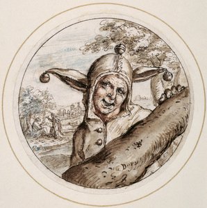 Tolo com Boné e Sinos, início do século XVII (caneta e tinta castanha com lavagens castanhas, cinzentas e rosas)