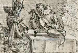 Jovens tocando um alaúde (caneta e tinta com lavagem castanha no papel)