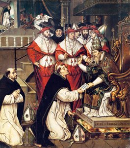 Honório III (Cencio Savelli, papa de 1216 a 1227) confirmando a Ordem de São Domingos. Pintura de Cristobal Llorens (por volta de 1550-1616) de Cristobal Llorens