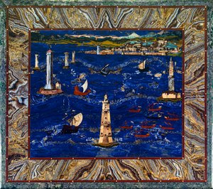 Mesa com representação do porto de Livorno, c.1601-04 (pedras preciosas, madeira, esmalte) de Cristofano & Ligozzi Jacopo (1547 1626) Gaffurri