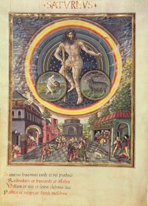 C129 Saturno com os signos zodiacais de Aquário e Capricórnio, de "De Sphaera", c.1470 (velino) de Cristoforo (attributed to) De Predis