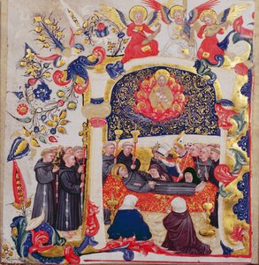 Habitada inicial &39;A&39; representando o funeral de São Francisco, c.1410