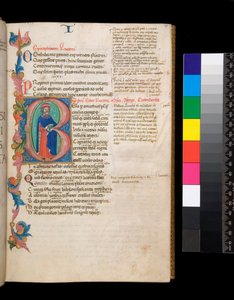 Sra. 325. Lucan, Bellum Civile, e outras obras, f.10r. Inicial iluminada [B], habitada por um retrato de autor, estendendo-se até uma borda parcial da folhagem, c.1400-10 (pergaminho)