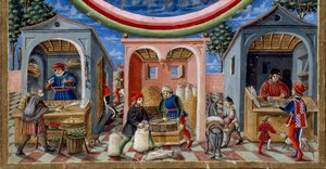 Detalhe dos comerciantes que vendem vários artigos: à esquerda, um comerciante de frutas e legumes, no centro um moinho de grãos de moldagem (Miniatura, cerca de 1470)