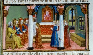 Iluminação representando Maria fazendo o voto de virgindade, no Codex De Predis de Cristoforo De Predis