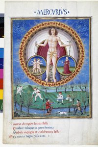 Mercúrio com sinais do zodíaco da Virgem e dos Gémeos. Lá em baixo, camponeses que trabalham nos campos. Miniatura feita por Cristoforo de Predis (v. 1440-v. 1486) - em "De Sphaera" d