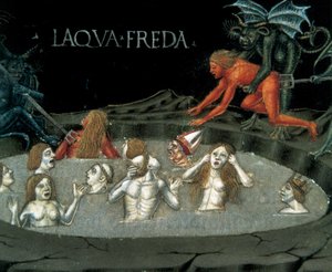 Representação de um círculo de submundo: represas em água fria. Miniatura de Cristoforo De Predis (1440-1486), da História do Novo Testamento. de Cristoforo De Predis