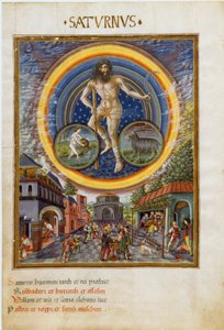 Saturno com sinais zodiacais de aquário e capricórnio. As cenas do jogo e sua influência sobre os homens. (miniatura, c.1470)
