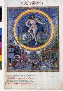 Saturno com sinais zodiacais de aquário e capricórnio. Lá em baixo, as cenas do jogo e a sua influência nos homens. Miniatura feita por Cristoforo de Predis (v. 1440-v. 1486) - em "De Sphaera" d