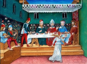 Durante o banquete de Herodes, Salomé entrega a cabeça de João (c. 144r). 1476 de Cristoforo De Predis