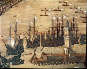 Vista do porto de Génova. (Detalhe. Óleo sobre tela. de Cristoforo Grassi or Grasso