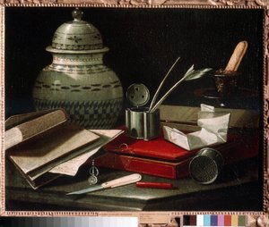 Natureza morta com utensílios de escrita. Tinta e tinteiro com bico, envelope, estojo provavelmente contendo utensílios de escrita e abre-cartas. Pintura de Cristoforo Monari (Munari) (1667-17