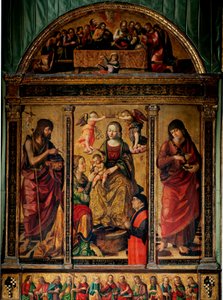 Tríptico do casamento místico de Santa Catarina, rodeado por São João Batista e São João Evangelista (Pintura em madeira de Cristoforo Scacco