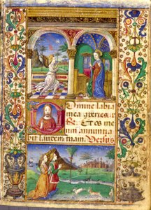 Anunciação, Livro de Horas de Borromeu, com Giovanni III Borromeu e sua esposa Cleofa Pio da Carpi em oração. de Cristoforo De Predis