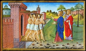 Jesus e os leprosos. Miniatura de Cristoforo por Predis - em Historia do novo testamento de Cristoforo De Predis