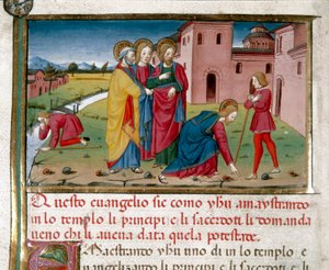 Jesus dá visão a um cego de nascimento Miniatura de Cristoforo De Predis (1440-1486) depois da História do Novo Testamento (fol. 7) de Cristoforo De Predis