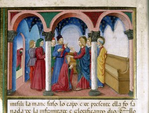 Jesus endireita uma mulher com membros retorcidos numa sinagoga em miniatura de Cristoforo De Predis (1440-1486) depois da História do Novo Testamento (fol. 78) de Cristoforo De Predis