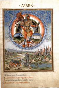Marte com os signos do zodíaco de escorpião e Belier. As cenas de batalha. (miniatura, c.1470)