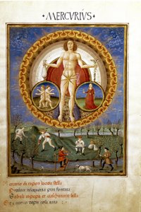 Mercúrio com sinais do zodíaco da Virgem e dos Gémeos. Camponeses que trabalham nos campos (miniatura, c.1470)