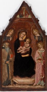 Virgem e Criança com Dois Anjos e Santos Anthony Abbot e Catarina de Alexandria e a Crucificação de Cristoforo di Bindoccio, Meo