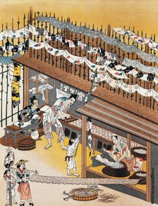 Artesãos no trabalho, pintando telas de seda, Período Edo (1600-1868) de Culture Edo
