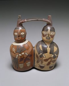 Recipiente com alça de alça de bico duplo: Duas figuras, Médio Nazca, AD 100-150 (cerâmica com deslizamento)