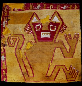 Arte pré-colombiana, civilização Nazca: fragmento de tecido com representação zoomórfica. 100 BC-800 AD. Goteborg, museu etnográfico