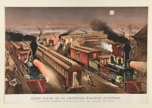 Cena noturna em uma junção ferroviária americana de Currier and Ives