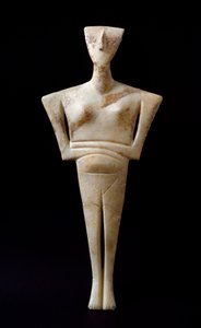 Arte das Cíclades: Ídolo de mármore "estatueta feminina" de Syros. 3000 AC. Civilização Cicládica (-3200 a -2000) Sol. Atenienses 46 cm, Museu Nacional de Arqueologia - Ídolo Feminino, de Syros - Escultura em mármore (H.46 cm), cuvilização cicládica, c.300 de Cycladic