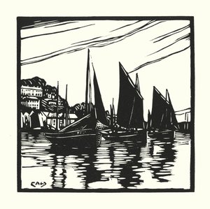 Barcos de pesca e barcaças: Cornish Drifters, Looe (xilogravura)