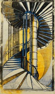 The Tube Staircase, c.1930 (linogravura impressa em cores em tecido Japão)