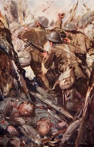 "Eles bombardearam e baionetearam seu caminho até a trincheira do inimigo", ilustração de "Told in the Huts: The YMCA Gift Book", publicado em 1916 de Cyrus Cuneo