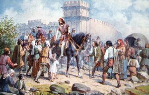 Carlos IV cumprimentando o povo comum durante sua expansão das fortificações de Praga em 1361, cartão postal do início do século XX (cor litho) de Czech School