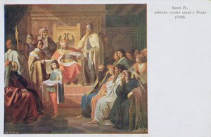 Fundação da universidade alemão em Praga por Charles IV em 1348, cedo cartão do século XX de Czech School
