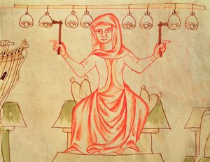 Mx XXIII C.124 Músico tocando sinos, da Bíblia de Velislav, c.1340 de Czech School