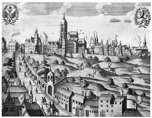 Vista de Praga mostrando o Palácio Imperial e a Faculdade de Teologia, c.1618 de Czech School