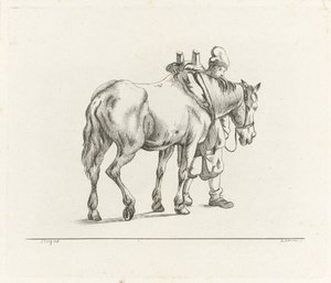 Homem a caminhar ao lado de um cavalo de D. Merrem