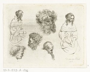 Folha de estudo com cabeças e corpos femininos de D. van den Bosch