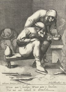 Homem fumador, com uma mulher atrás de si de D. van den Bremden