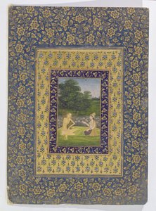 Layla Reading para Majnun, que senta-se debaixo de uma árvore por uma piscina de lótus, Delhi, c.1720-40 de Dal Chand