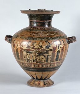 Hidria de figuras negras representando as Nereidas luto de Aquiles, c.560-550 aC (cerâmica)