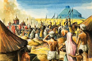 Nativos indianos observam uma procissão de elefantes e soldados que se aproximam de um forte (guache sobre papel) de Dan Escott