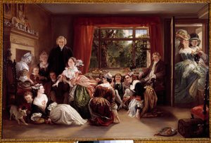O jogo da caça ao chinelo Cena de caça num interior burguês inglês. Pintura de Daniel Maclise (1806-1870) Colecção privada do século XIX